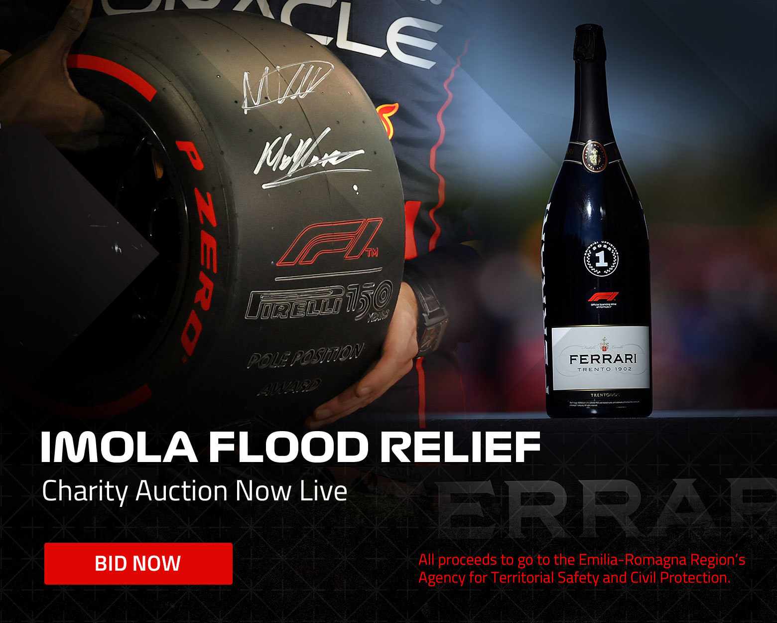 Photo of 27.05.23 IMOLA AWARDS, an autographed bottle of Ferrari Trento sold by F1 originals to raise money for the floods in Emilia-Romagna